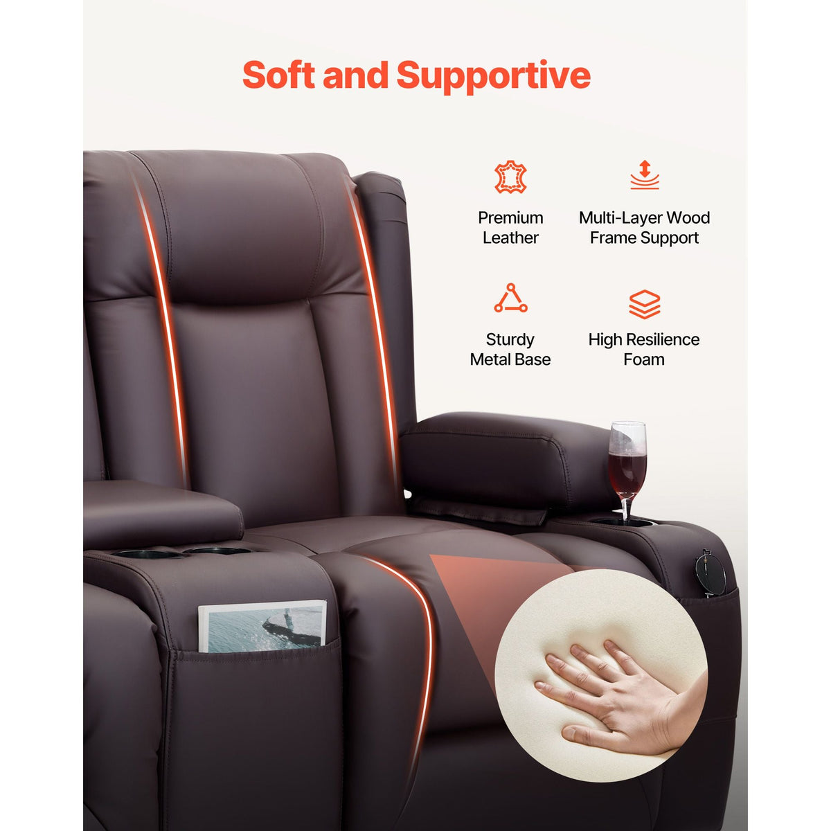 Loveseat Recliner Sofa, Power Reclining Couch with Heating & Massage and Timer, PU Leather Electric Recliner Sofa with Center Console, USB Ports, Cup Holders and Side Bags for Living Room
