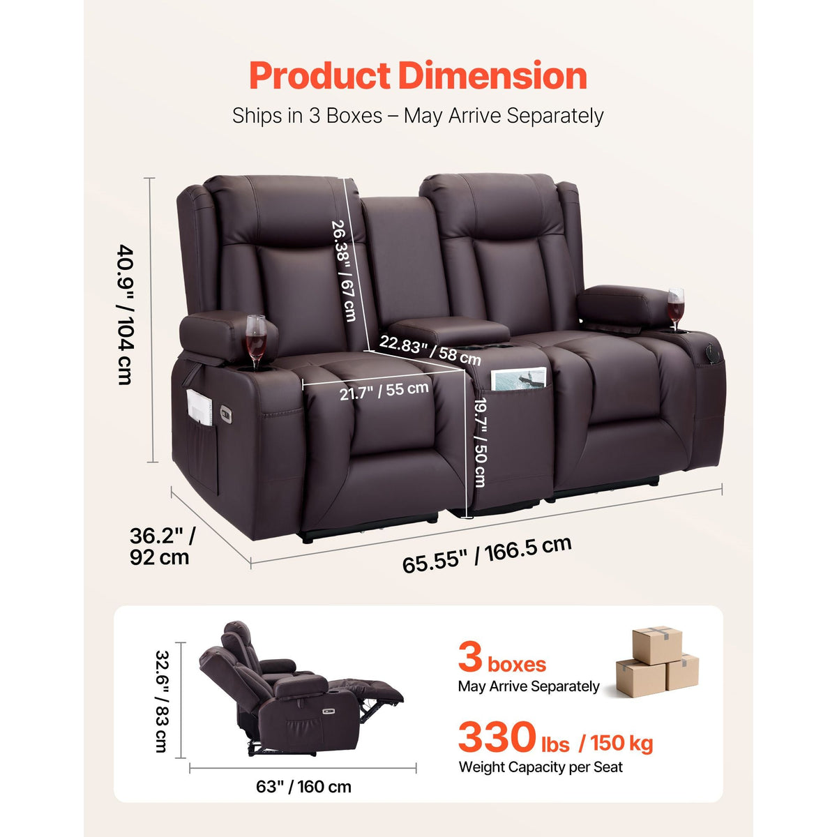 Loveseat Recliner Sofa, Power Reclining Couch with Heating & Massage and Timer, PU Leather Electric Recliner Sofa with Center Console, USB Ports, Cup Holders and Side Bags for Living Room