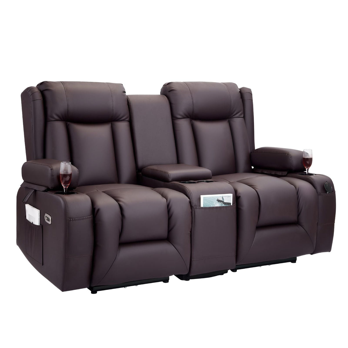 Loveseat Recliner Sofa, Power Reclining Couch with Heating & Massage and Timer, PU Leather Electric Recliner Sofa with Center Console, USB Ports, Cup Holders and Side Bags for Living Room