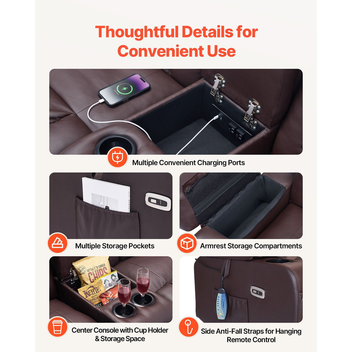 Loveseat Recliner Sofa, Power Reclining Couch with Heating & Massage and Timer, PU Leather Electric Recliner Sofa with Center Console, USB Ports, Cup Holders and Side Bags for Living Room