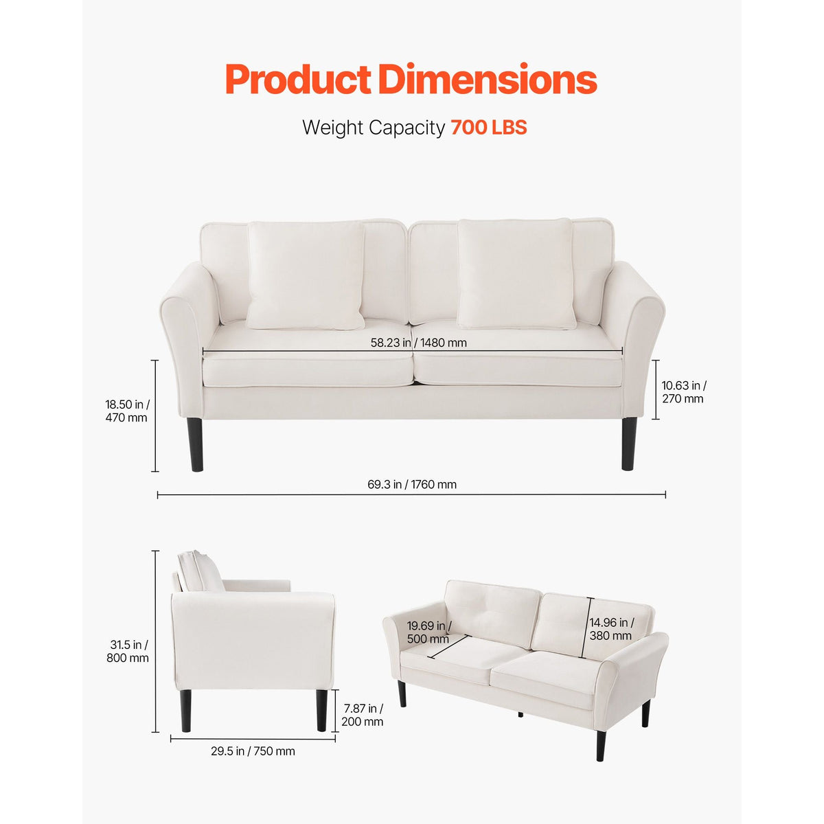 Loveseat Sofa, 69-Inch Small Sofa Couch for Living Room, Velvet Fabric 2-Seats Couch with Sinuous Spring, Soft Cushions and Sturdy Frame, Comfy Loveseat for Bedroom, Office or Apartment, White