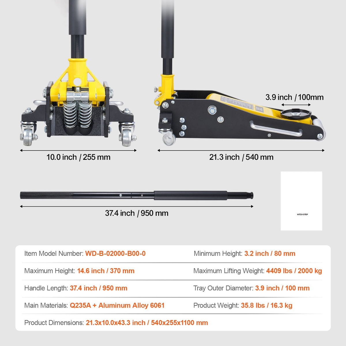 Low Profile Floor Jack 2 Ton (4400 lbs) , Heavy Duty Aluminum Hydraulic Racing Floor Jack, Hydraulic Car Jack, Dual Piston Quick Lift Pump, 3.2"-14.6" Height Lifting Range (Yellow)