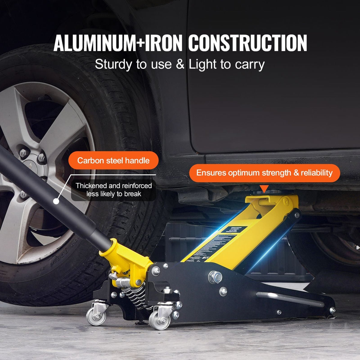 Low Profile Floor Jack 2 Ton (4400 lbs) , Heavy Duty Aluminum Hydraulic Racing Floor Jack, Hydraulic Car Jack, Dual Piston Quick Lift Pump, 3.2"-14.6" Height Lifting Range (Yellow)