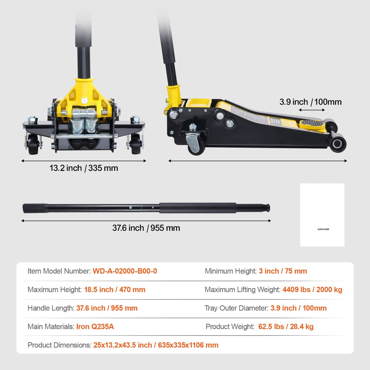 Low Profile Floor Jack 2 Ton (4400 lbs), Heavy Duty Iron Hydraulic Racing Floor Jack, Hydraulic Car Jack, Dual Piston Quick Lift Pump, 3"-18.5" Height Lifting Range (Yellow)