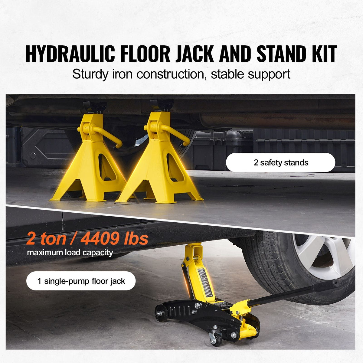 Low Profile Floor Jack 2 Ton (4400 lbs), Heavy Duty Iron Hydraulic Racing Floor Jack, Hydraulic Car Jack with Jack Stands, Single Piston Quick Lift Pump, 4.6"-12.8" Height Lifting Range (Yellow)