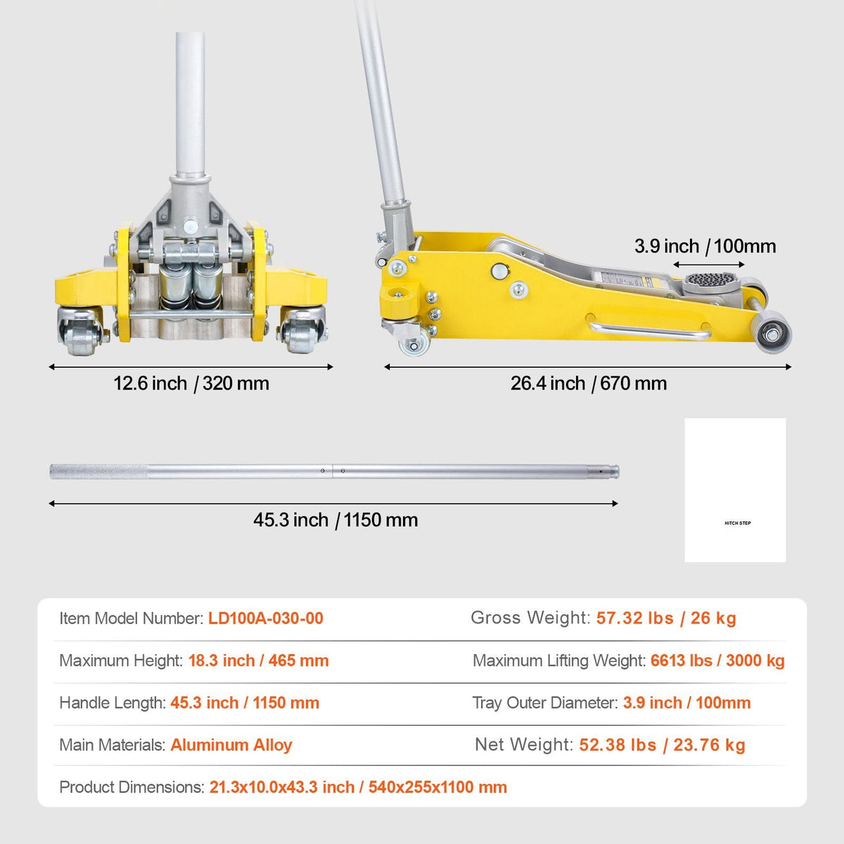 Low Profile Floor Jack 3 Ton (6600 lbs), Heavy Duty Aluminum Hydraulic Racing Floor Jack, Hydraulic Car Jack, Dual Piston Quick Lift Pump, 3.7"-18.3" Height Lifting Range (Yellow)