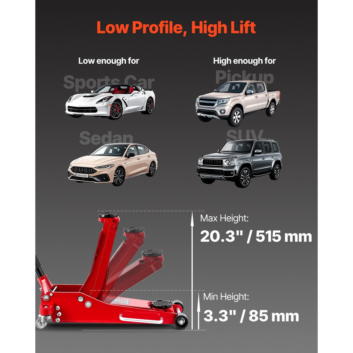 Low Profile Floor Jack, 3 Ton (6614 lbs) Capacity, Aluminum Racing Floor Jack with Dual Pistons Quick Lift Pump, Hydraulic Trolley Car Lift for Sports Car, SUV, Pickup, Lifting Range 3.3"-20.3"