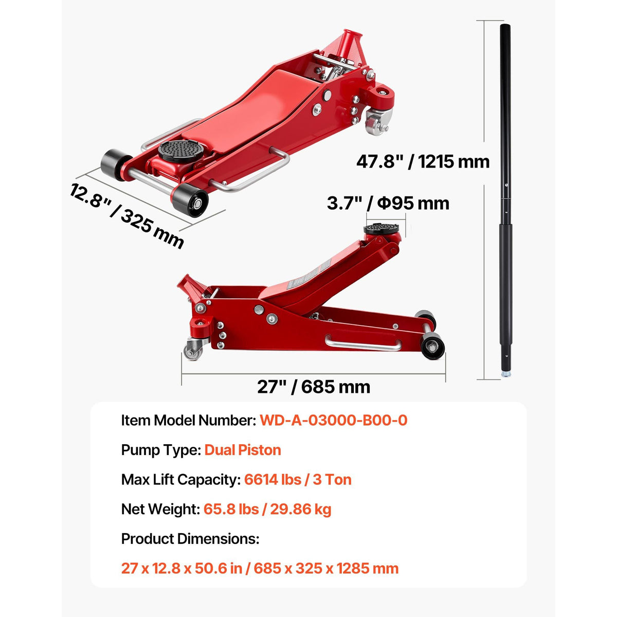 Low Profile Floor Jack, 3 Ton (6614 lbs) Capacity, Aluminum Racing Floor Jack with Dual Pistons Quick Lift Pump, Hydraulic Trolley Car Lift for Sports Car, SUV, Pickup, Lifting Range 3.3"-20.3"