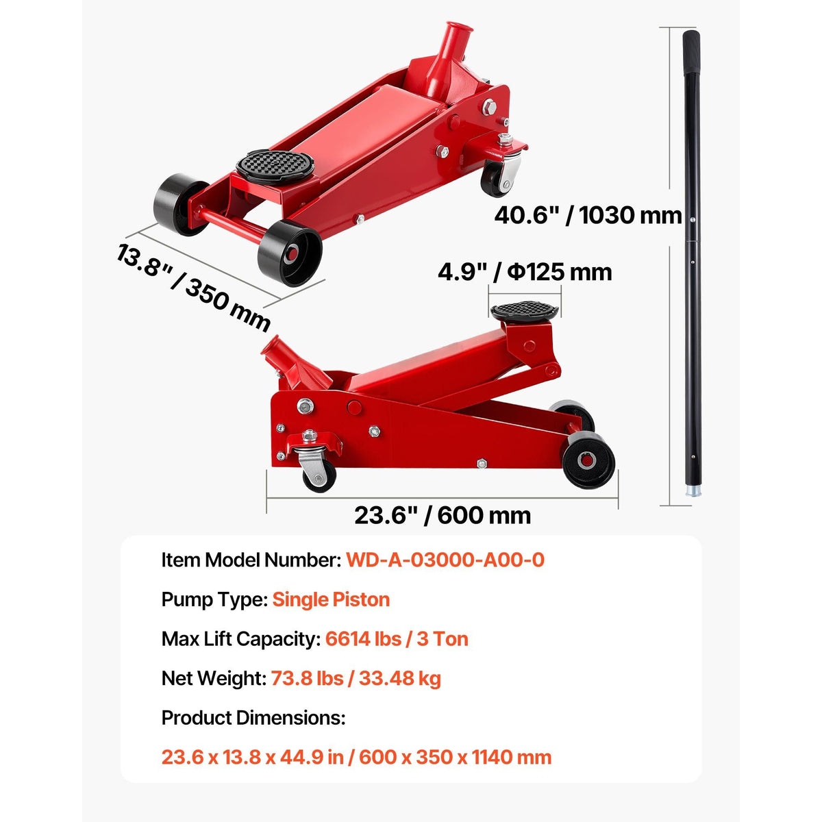 Low Profile Floor Jack, 3 Ton (6614 lbs) Capacity, Steel Racing Floor Jack with Single Piston Quick Lift Pump, Hydraulic Trolley Car Lift for Sports Cars, SUVs, Pickups, Lifting Range 5.1"-19.7"