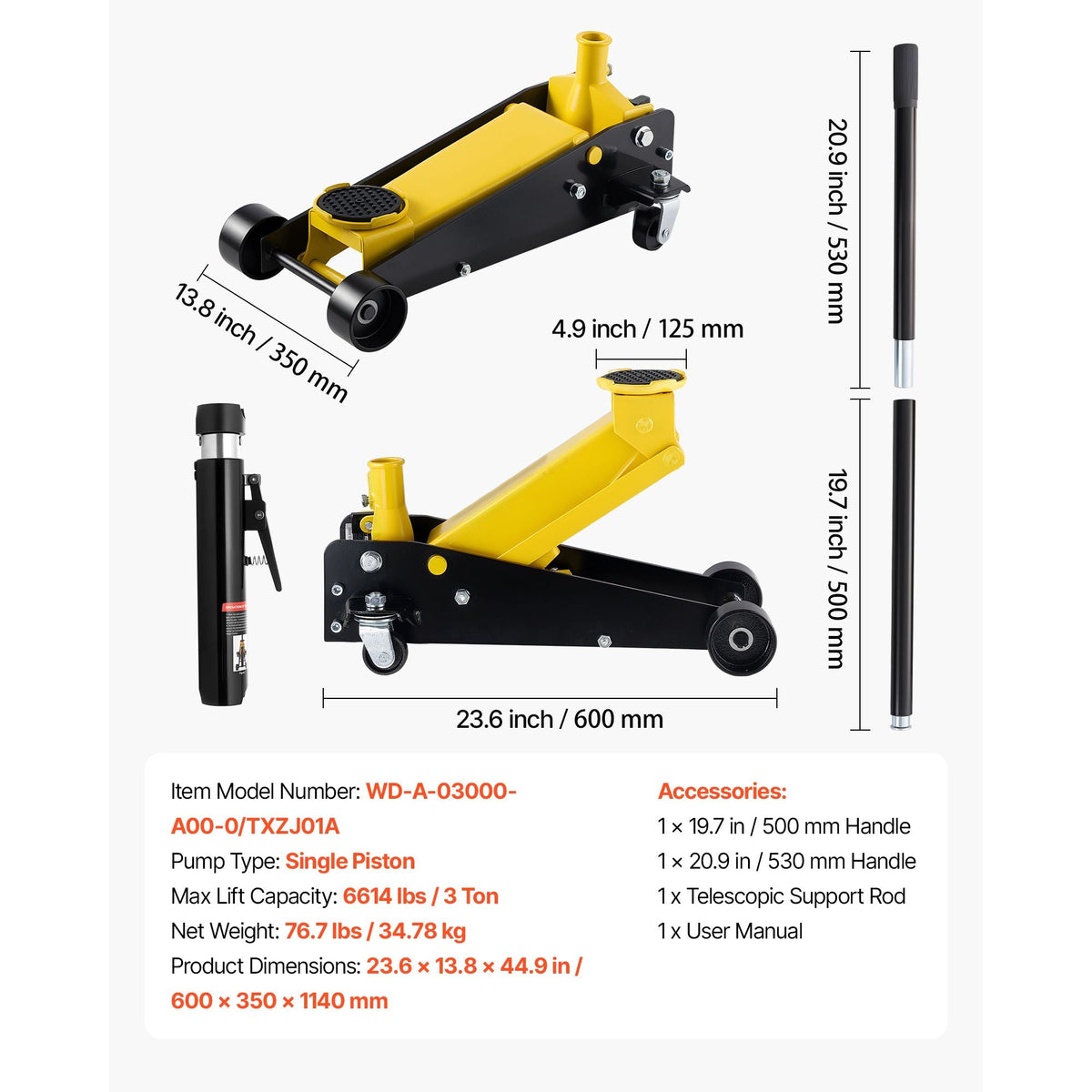 Low Profile Floor Jack, 3 Ton (6614 lbs) Capacity, Steel Racing Floor Jack with Single Piston Quick Lift Pump, Hydraulic Trolley Car Lift for Sports Cars, SUVs, Pickups, Lifting Range 5.1"-19.7"