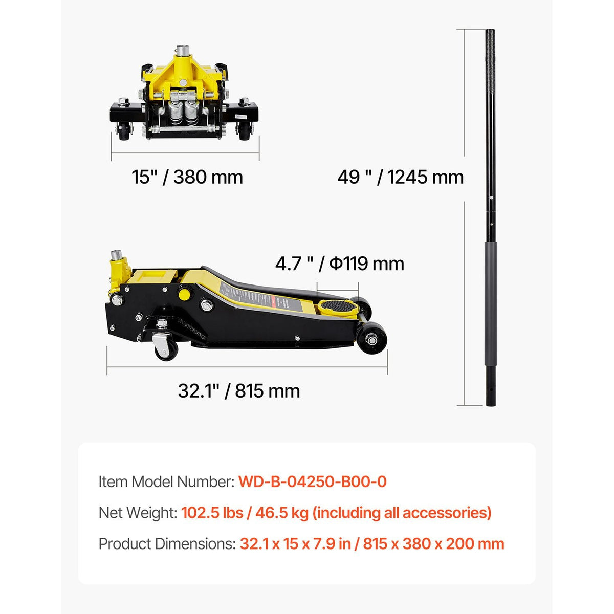 Low Profile Floor Jack, 4 Ton (8818 lbs) Capacity, Steel Racing Floor Jack with Dual Pistons Quick Lift Pump, Hydraulic Trolley Car Lift for Sport Utility Vehicle, Lifting Range 3.9-21.5 Inches
