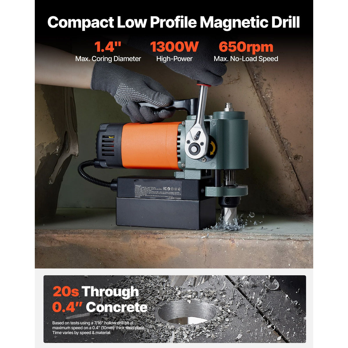 Low Profile Magnetic Drill Press, 1300 W, 1.4 in Boring Diameter, 2248 lbf Power Portable Mag Drill Press, 650RPM Speed, with Weldon Shank, for Metal Surface, Industrial and Home Improvement