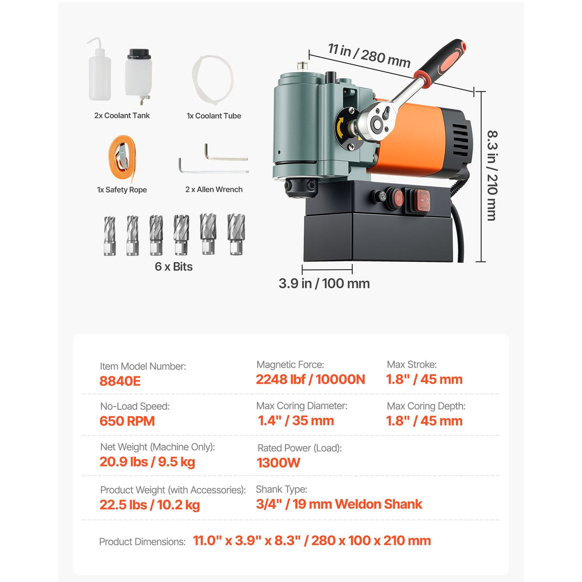 Low Profile Magnetic Drill Press, 1300 W, 1.4 in Boring Diameter, 2248 lbf Power Portable Mag Drill Press, 650RPM Speed, with Weldon Shank, for Metal Surface, Industrial and Home Improvement