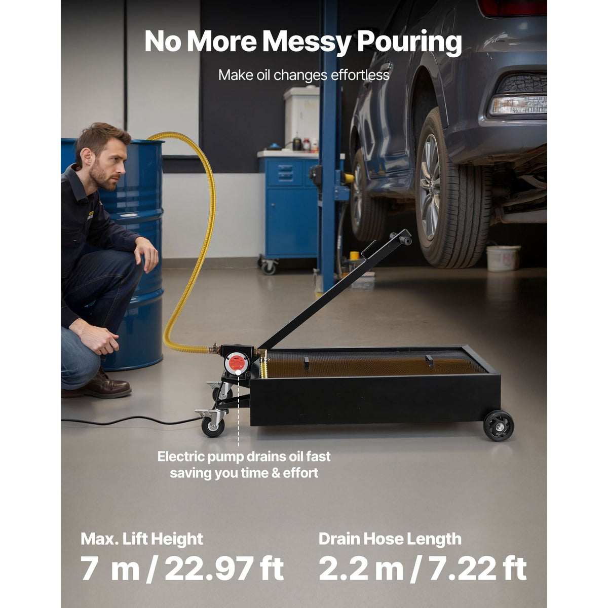 Low Profile Oil Drain Pan, 15 Gallon Capacity, Rolling Oil Drain Pan with Electric Pump & 7.2 ft Hose, Leak-proof & Corrosion-resistant, Fit for Cars, SUVs, Trucks, Motorcycles, ATVs, Metal