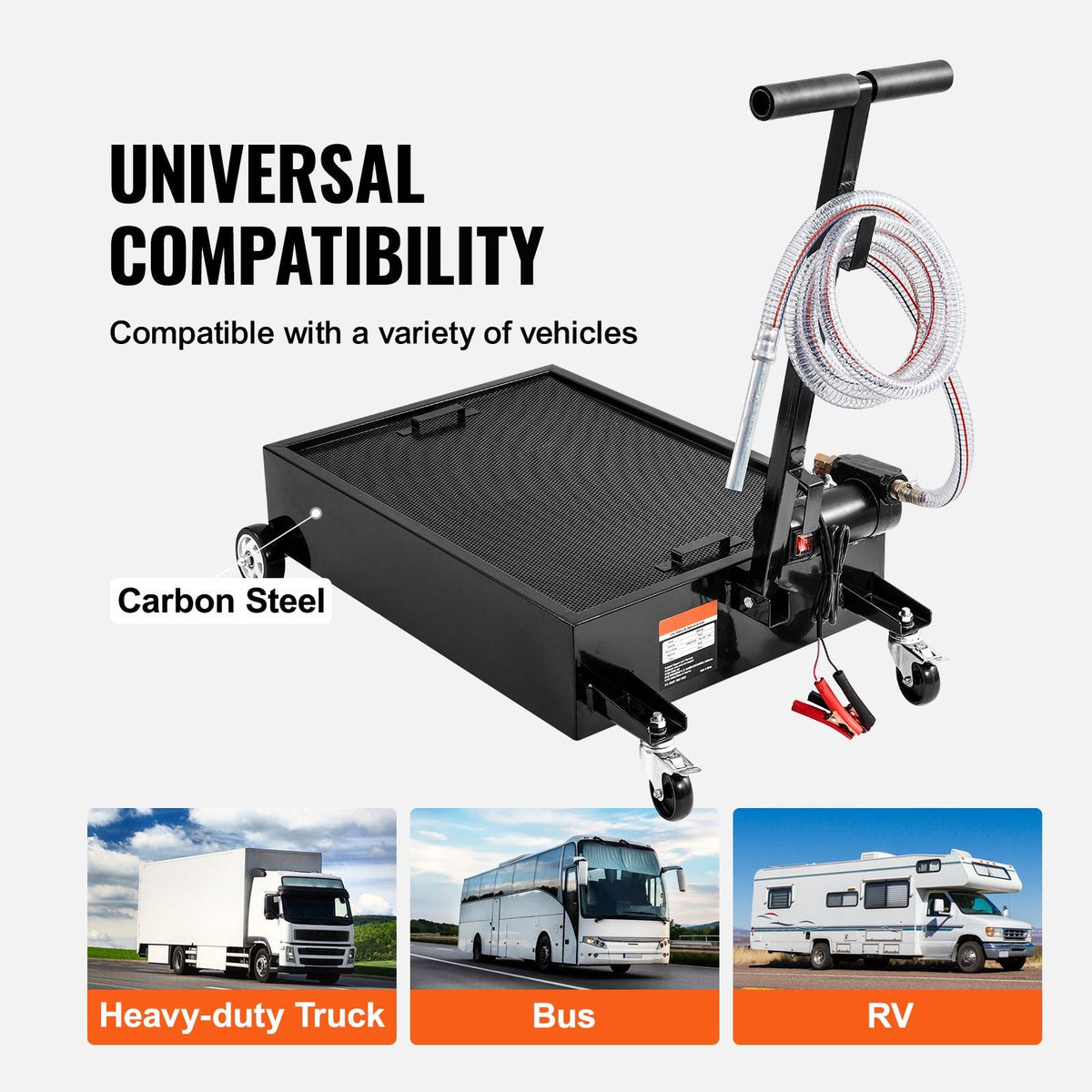 Low Profile Oil Drain Pan, 15 Gallon Oil Drain Pan with Pump, Oil Change Pan with 180W Electric Pump, 8.2ft Hose & Folding Handle, Rolling Oil Drain Cart for Trucks, Buses, RVs
