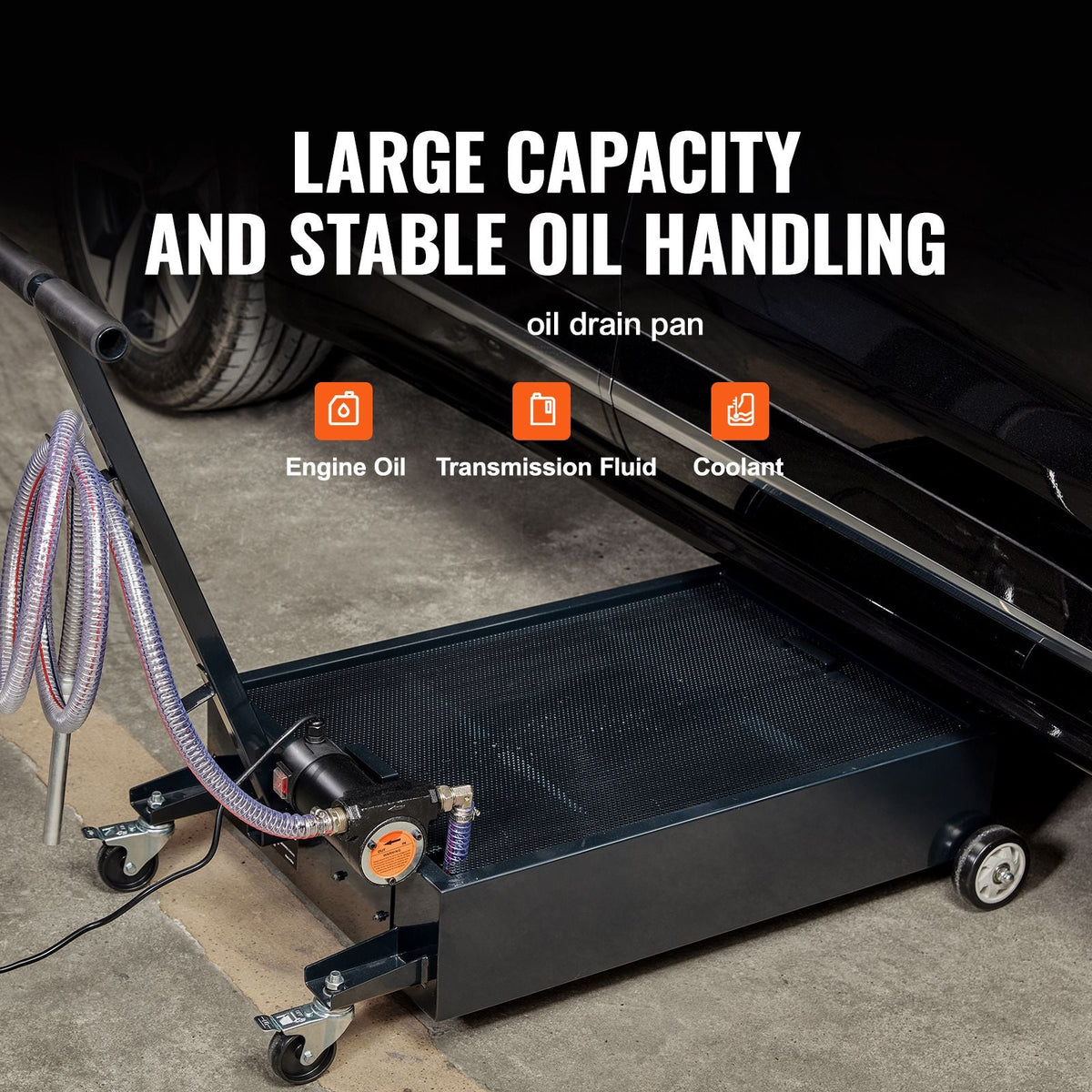 Low Profile Oil Drain Pan, 15 Gallon Oil Drain Pan with Pump, Oil Change Pan with 180W Electric Pump, 8.2ft Hose & Folding Handle, Rolling Oil Drain Cart for Trucks, Buses, RVs