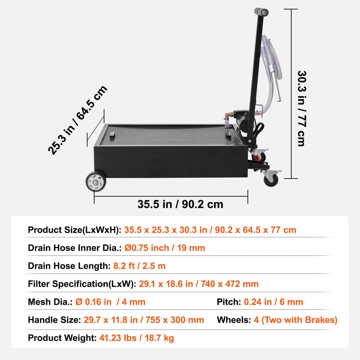 Low Profile Oil Drain Pan, 15 Gallon Oil Drain Pan with Pump, Oil Change Pan with 180W Electric Pump, 8.2ft Hose & Folding Handle, Rolling Oil Drain Cart for Trucks, Buses, RVs