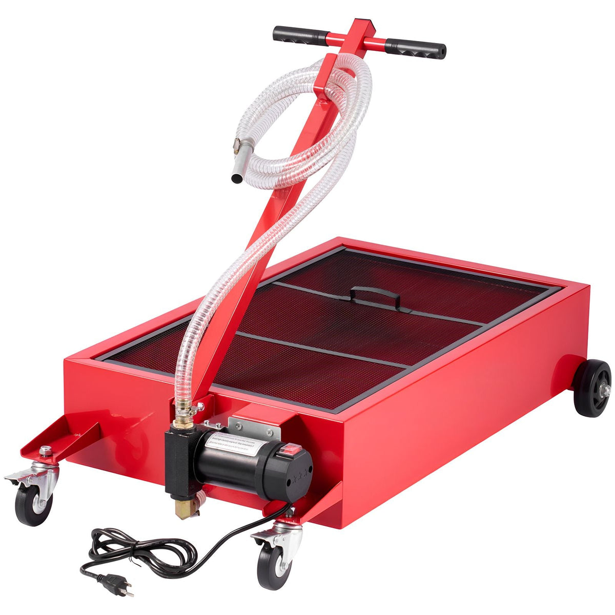 Low Profile Oil Drain Pan, 17 Gallon Capacity, Rolling Oil Drain Pan with Electric Pump, 7.2 ft Hose & T Folding Handle, Leak-proof & Corrosion-resistant, Fit for Cars, SUVs, Trucks, ATVs, Red