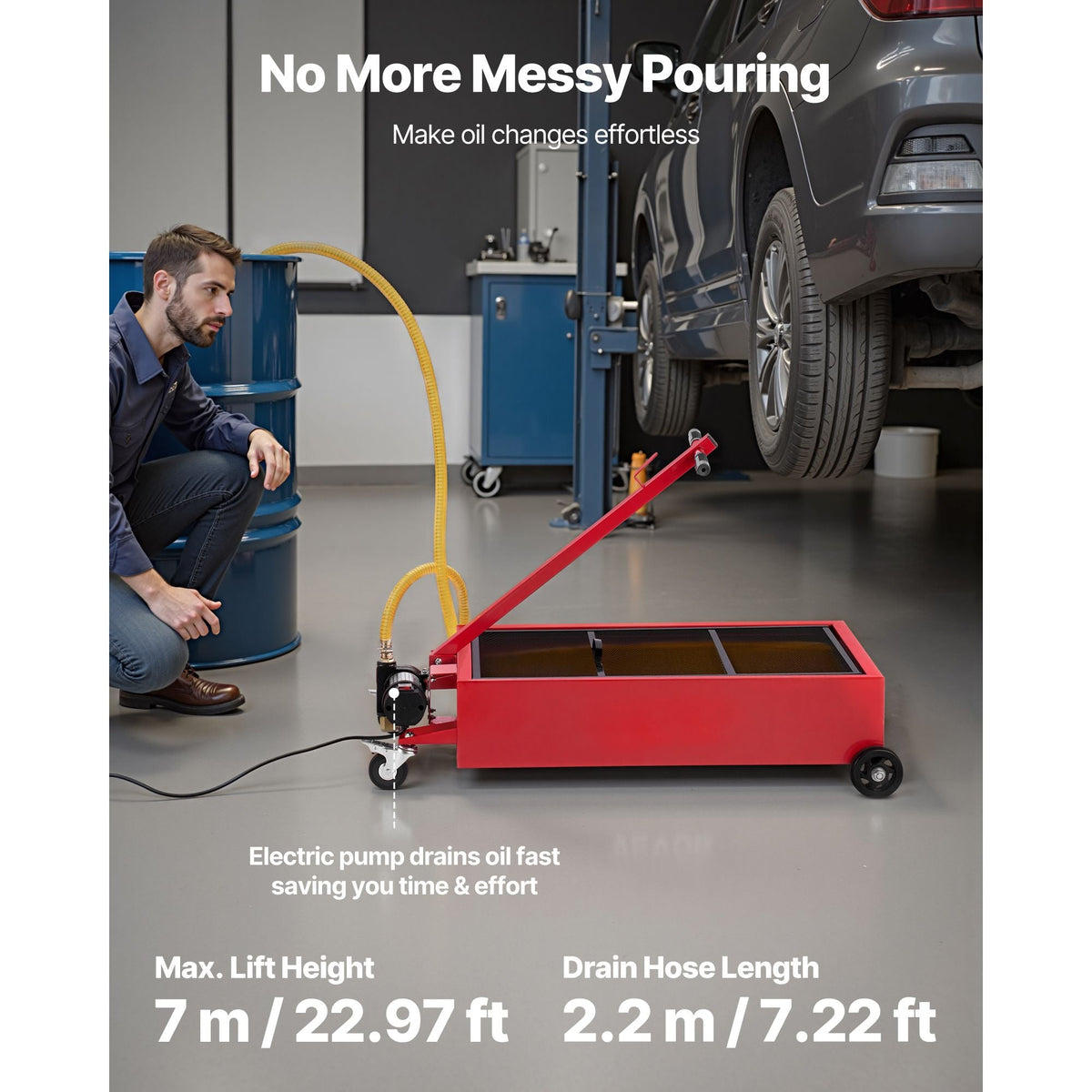 Low Profile Oil Drain Pan, 17 Gallon Capacity, Rolling Oil Drain Pan with Electric Pump, 7.2 ft Hose & T Folding Handle, Leak-proof & Corrosion-resistant, Fit for Cars, SUVs, Trucks, ATVs, Red