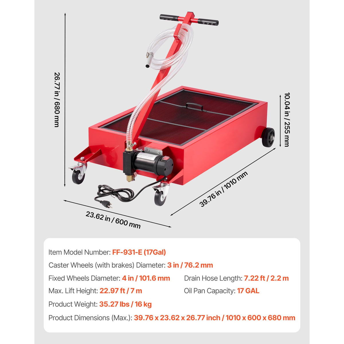Low Profile Oil Drain Pan, 17 Gallon Capacity, Rolling Oil Drain Pan with Electric Pump, 7.2 ft Hose & T Folding Handle, Leak-proof & Corrosion-resistant, Fit for Cars, SUVs, Trucks, ATVs, Red