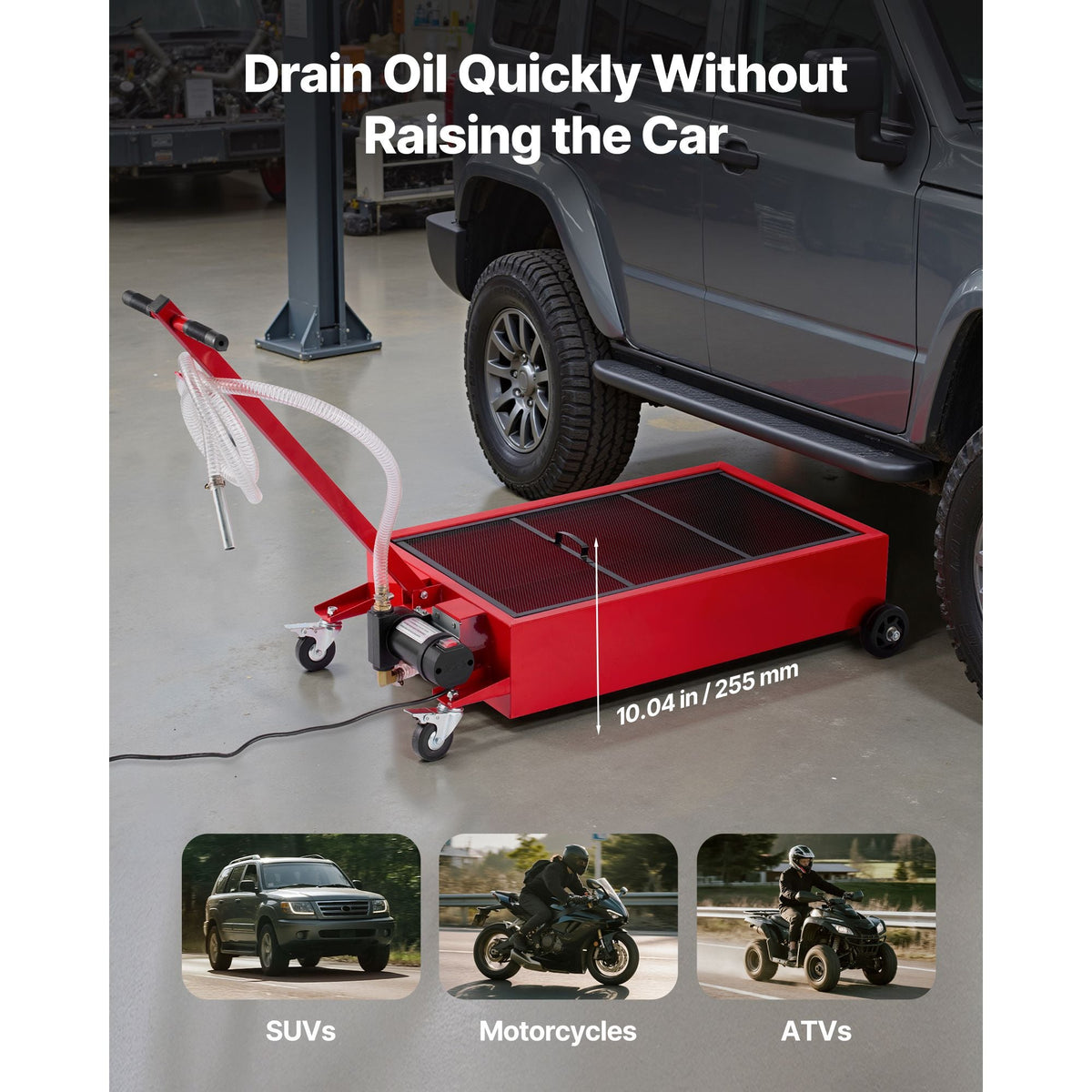 Low Profile Oil Drain Pan, 17 Gallon Capacity, Rolling Oil Drain Pan with Electric Pump, 7.2 ft Hose & T Folding Handle, Leak-proof & Corrosion-resistant, Fit for Cars, SUVs, Trucks, ATVs, Red