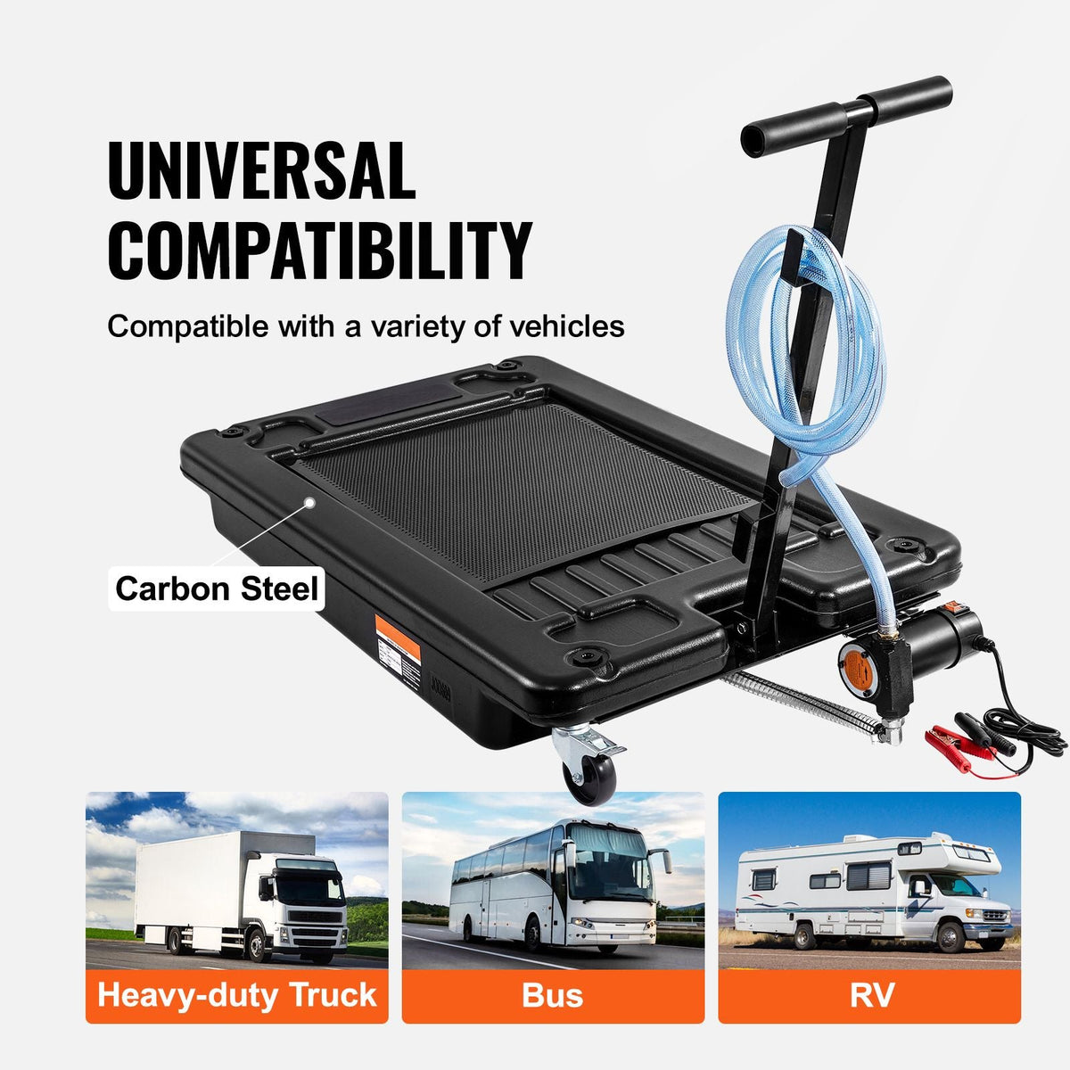 Low Profile Oil Drain Pan, 17 Gallon Oil Drain Pan with Pump, Oil Change Pan with 180W Electric Pump, 8.2ft Hose & Folding Handle, Rolling Oil Drain Cart for Trucks, Buses, RVs