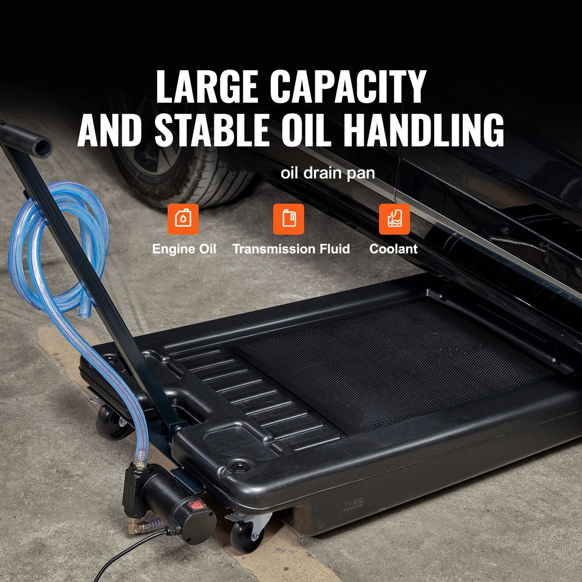 Low Profile Oil Drain Pan, 17 Gallon Oil Drain Pan with Pump, Oil Change Pan with 180W Electric Pump, 8.2ft Hose & Folding Handle, Rolling Oil Drain Cart for Trucks, Buses, RVs