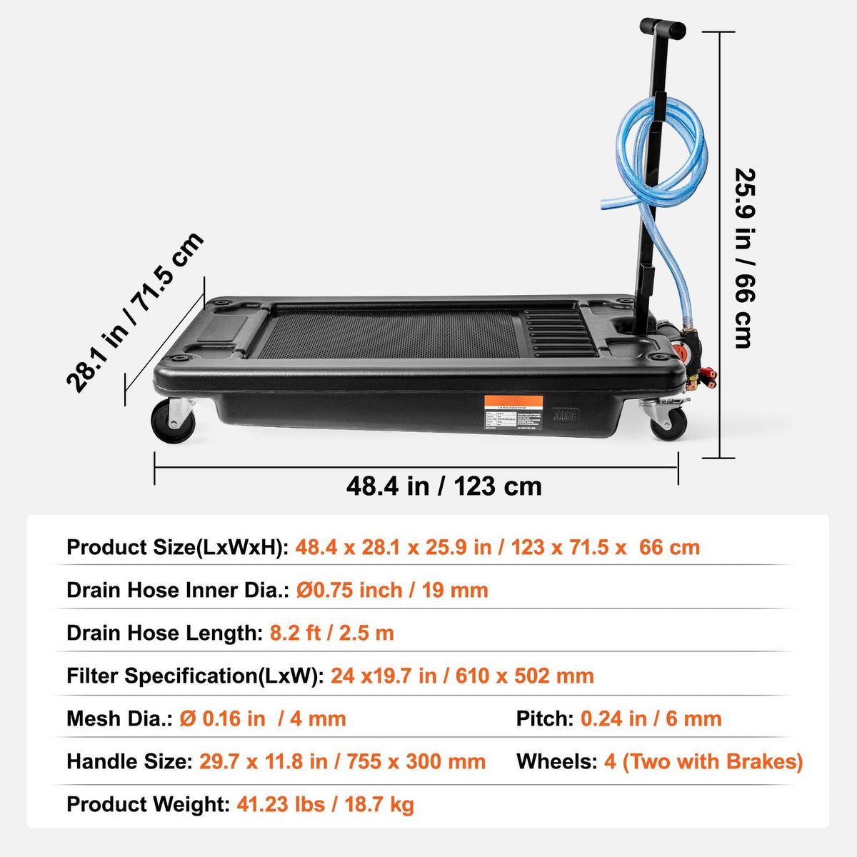 Low Profile Oil Drain Pan, 17 Gallon Oil Drain Pan with Pump, Oil Change Pan with 180W Electric Pump, 8.2ft Hose & Folding Handle, Rolling Oil Drain Cart for Trucks, Buses, RVs