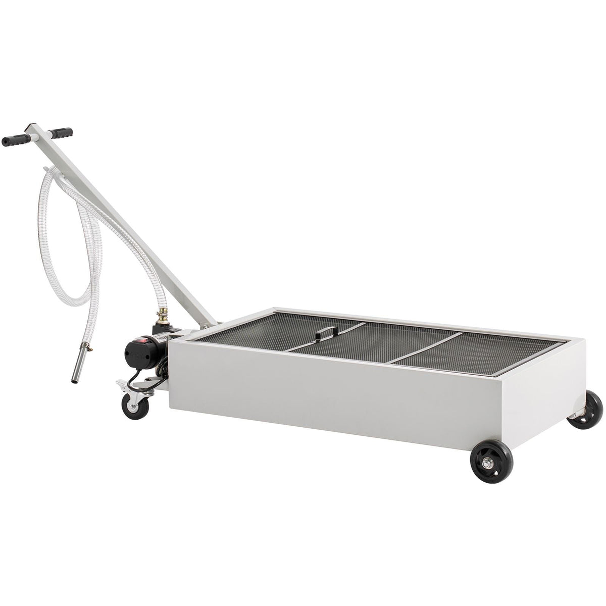 Low Profile Oil Drain Pan, 20 Gallon Capacity, Rolling Oil Drain Pan with Electric Pump, 7.2 ft Hose & T Folding Handle, Leak-proof & Corrosion-resistant, Fit for Cars, SUVs, Trucks, ATVs, White