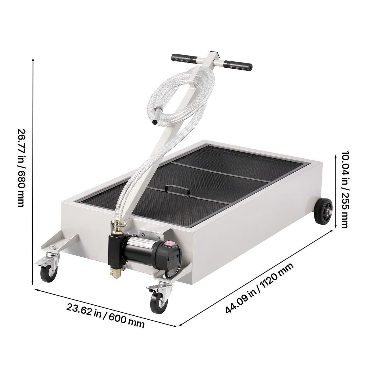 Low Profile Oil Drain Pan, 20 Gallon Capacity, Rolling Oil Drain Pan with Electric Pump, 7.2 ft Hose & T Folding Handle, Leak-proof & Corrosion-resistant, Fit for Cars, SUVs, Trucks, ATVs, White
