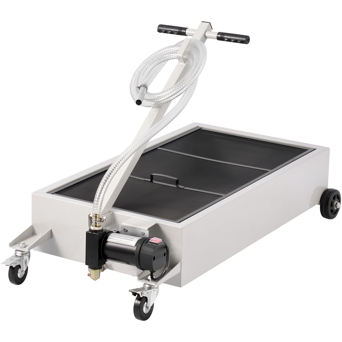 Low Profile Oil Drain Pan, 20 Gallon Capacity, Rolling Oil Drain Pan with Electric Pump, 7.2 ft Hose & T Folding Handle, Leak-proof & Corrosion-resistant, Fit for Cars, SUVs, Trucks, ATVs, White