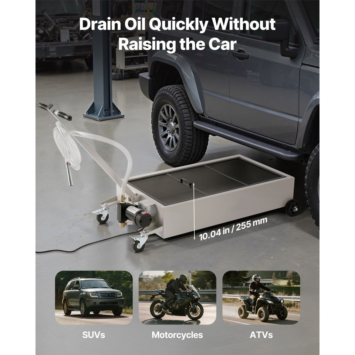 Low Profile Oil Drain Pan, 20 Gallon Capacity, Rolling Oil Drain Pan with Electric Pump, 7.2 ft Hose & T Folding Handle, Leak-proof & Corrosion-resistant, Fit for Cars, SUVs, Trucks, ATVs, White