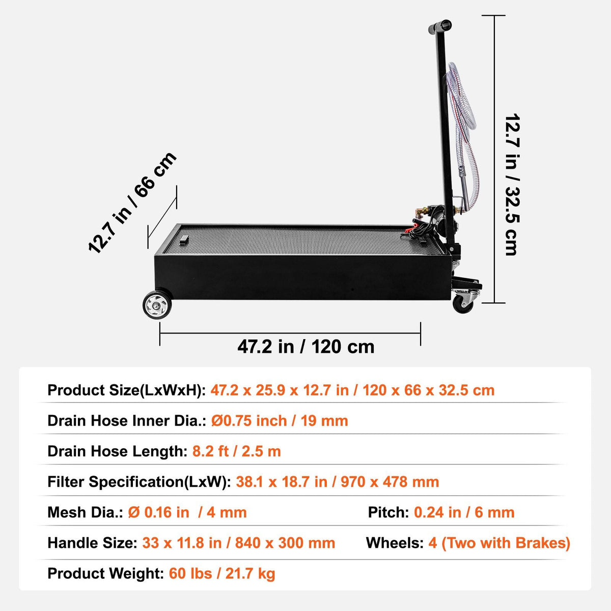 Low Profile Oil Drain Pan, 20 Gallon Oil Drain Pan with Pump, Oil Change Pan with 180W Electric Pump, 8.2ft Hose & Folding Handle, Rolling Oil Drain Cart for Trucks, Buses, RVs