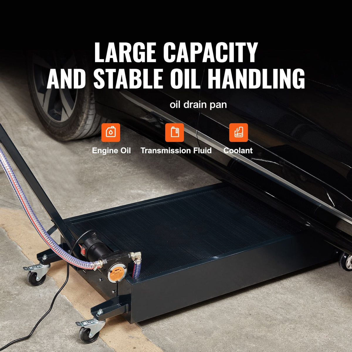 Low Profile Oil Drain Pan, 20 Gallon Oil Drain Pan with Pump, Oil Change Pan with 180W Electric Pump, 8.2ft Hose & Folding Handle, Rolling Oil Drain Cart for Trucks, Buses, RVs