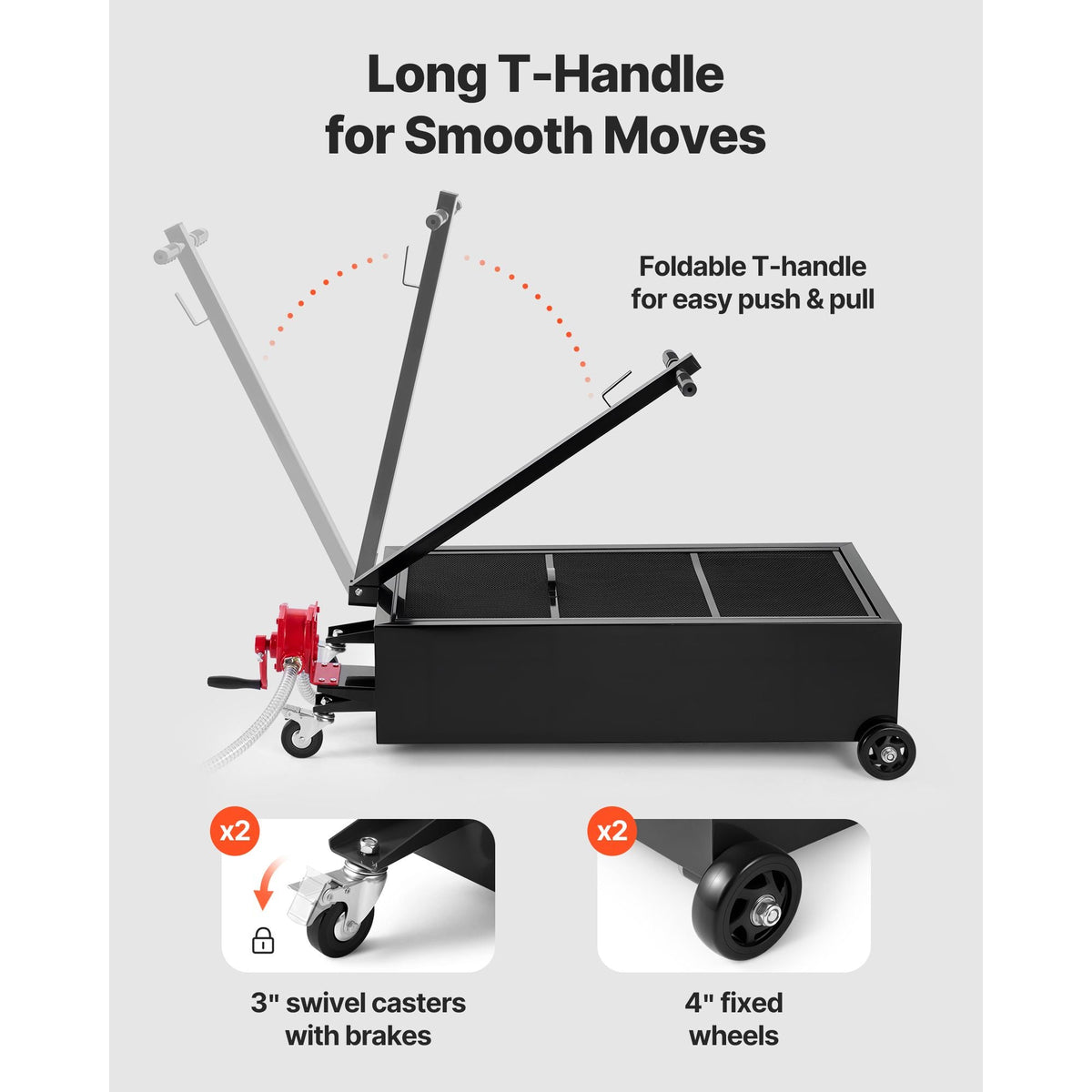 Low Profile Oil Drain Pan, 25 Gallon Capacity, Rolling Oil Drain Pan with Manual Pump, 7.2 ft Hose & T Folding Handle, Leak-proof & Corrosion-resistant, Fit for Cars, SUVs, Trucks, ATVs, Black