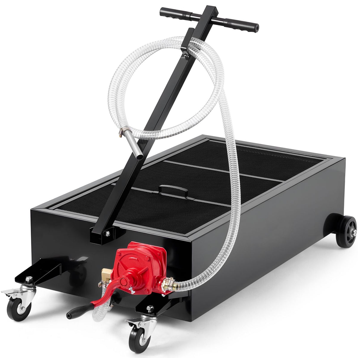 Low Profile Oil Drain Pan, 25 Gallon Capacity, Rolling Oil Drain Pan with Manual Pump, 7.2 ft Hose & T Folding Handle, Leak-proof & Corrosion-resistant, Fit for Cars, SUVs, Trucks, ATVs, Black