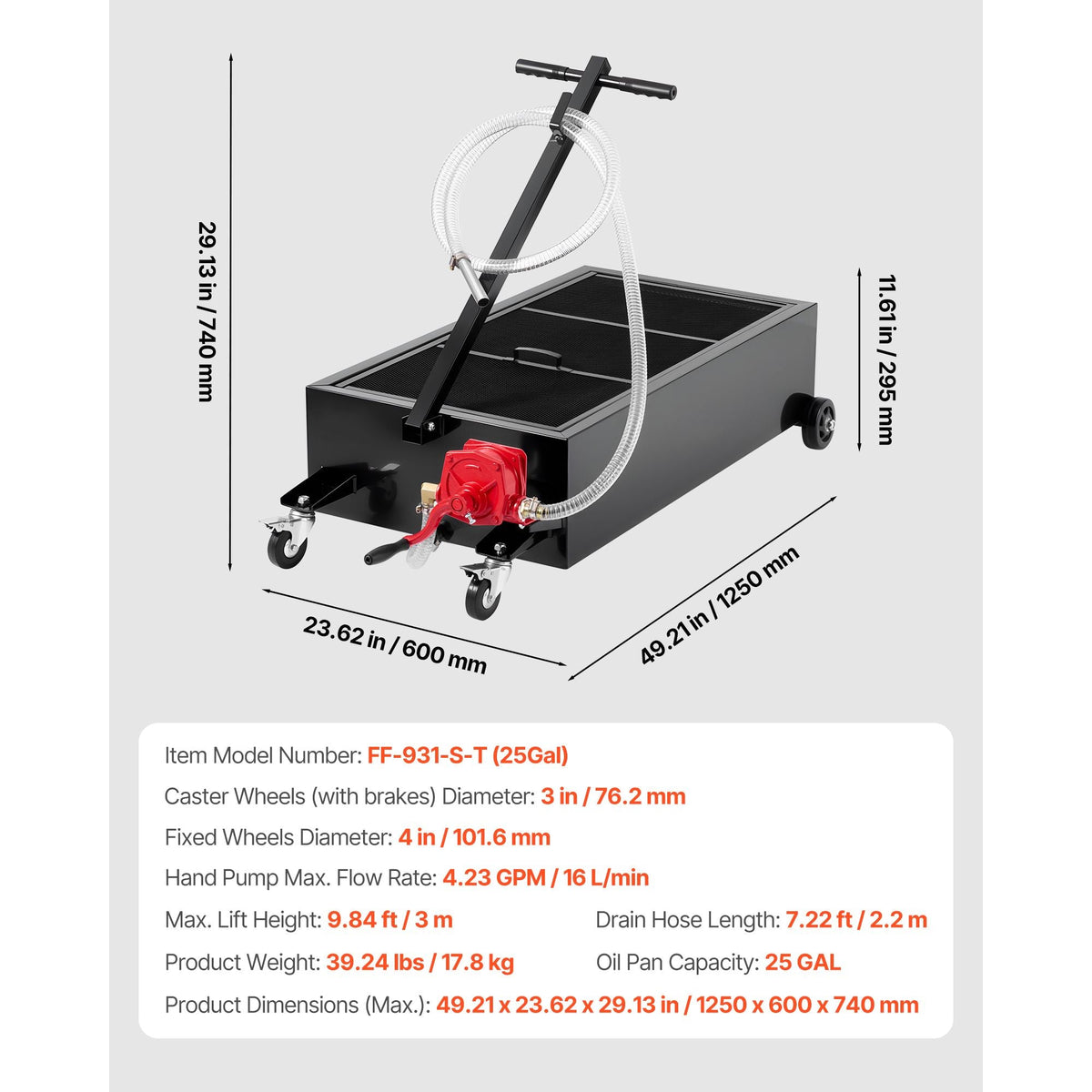 Low Profile Oil Drain Pan, 25 Gallon Capacity, Rolling Oil Drain Pan with Manual Pump, 7.2 ft Hose & T Folding Handle, Leak-proof & Corrosion-resistant, Fit for Cars, SUVs, Trucks, ATVs, Black