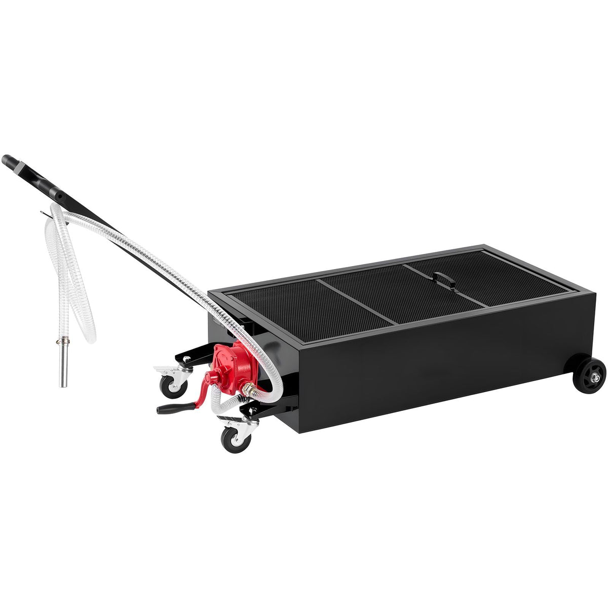 Low Profile Oil Drain Pan, 25 Gallon Capacity, Rolling Oil Drain Pan with Manual Pump, 7.2 ft Hose & T Folding Handle, Leak-proof & Corrosion-resistant, Fit for Cars, SUVs, Trucks, ATVs, Black