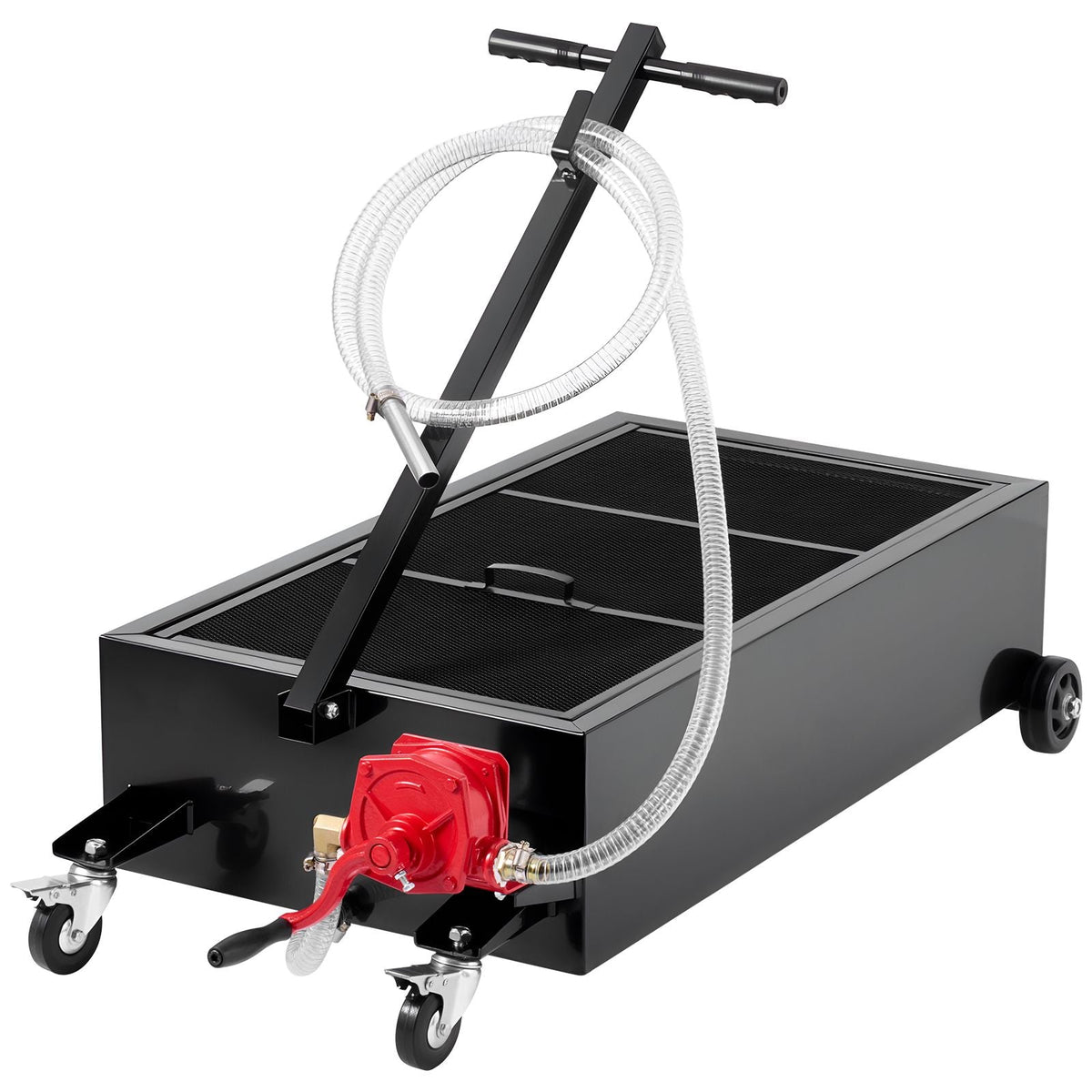 Low Profile Oil Drain Pan, 25 Gallon Capacity, Rolling Oil Drain Pan with Manual Pump, 7.2 ft Hose & T Folding Handle, Leak-proof & Corrosion-resistant, Fit for Cars, SUVs, Trucks, ATVs, Black