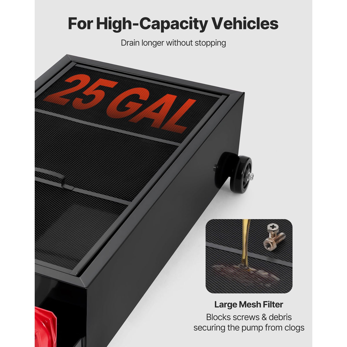 Low Profile Oil Drain Pan, 25 Gallon Capacity, Rolling Oil Drain Pan with Manual Pump, 7.2 ft Hose & T Folding Handle, Leak-proof & Corrosion-resistant, Fit for Cars, SUVs, Trucks, ATVs, Black