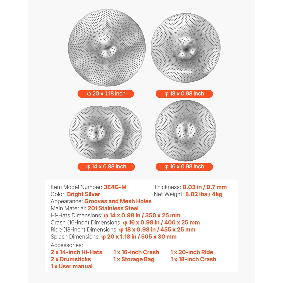 Low Volume Cymbal Pack, 4 Pieces Quiet Cymbals for Drum Set, Alloy Cymbals Drum Set Includes 14-inch Hi-Hats, 16-inch Crash, 18-inch Crash, 20-inch Ride, Drumsticks & Cymbal Bag, Bright Copper