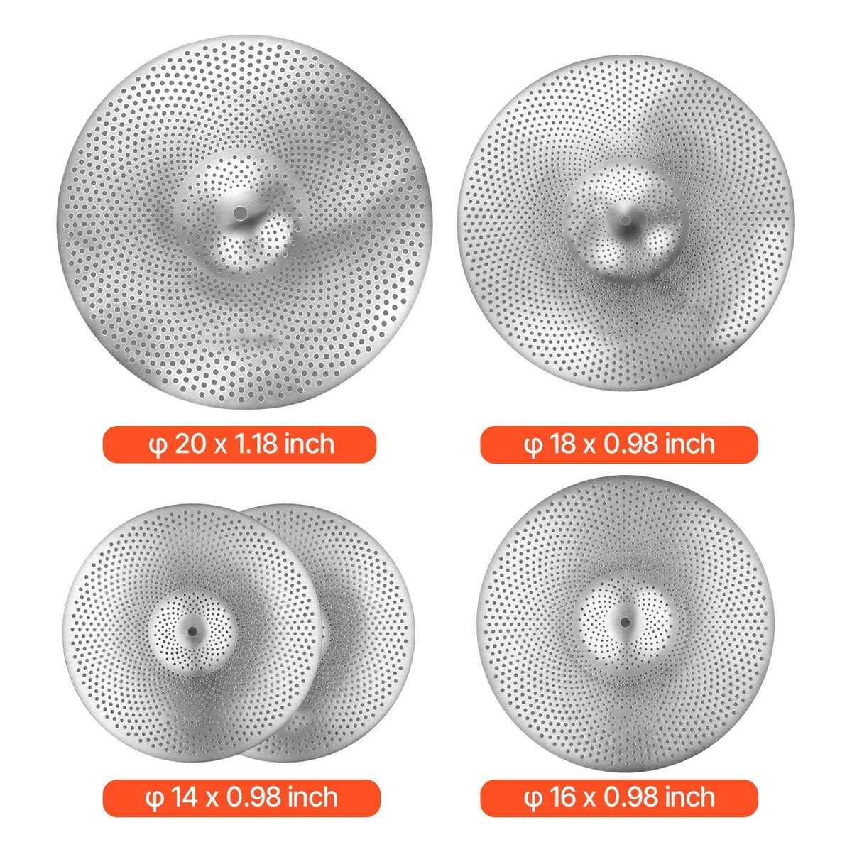 Low Volume Cymbal Pack, 4 Pieces Quiet Cymbals for Drum Set, Alloy Cymbals Drum Set Includes 14-inch Hi-Hats, 16-inch Crash, 18-inch Crash, 20-inch Ride, Drumsticks & Cymbal Bag, Bright Copper