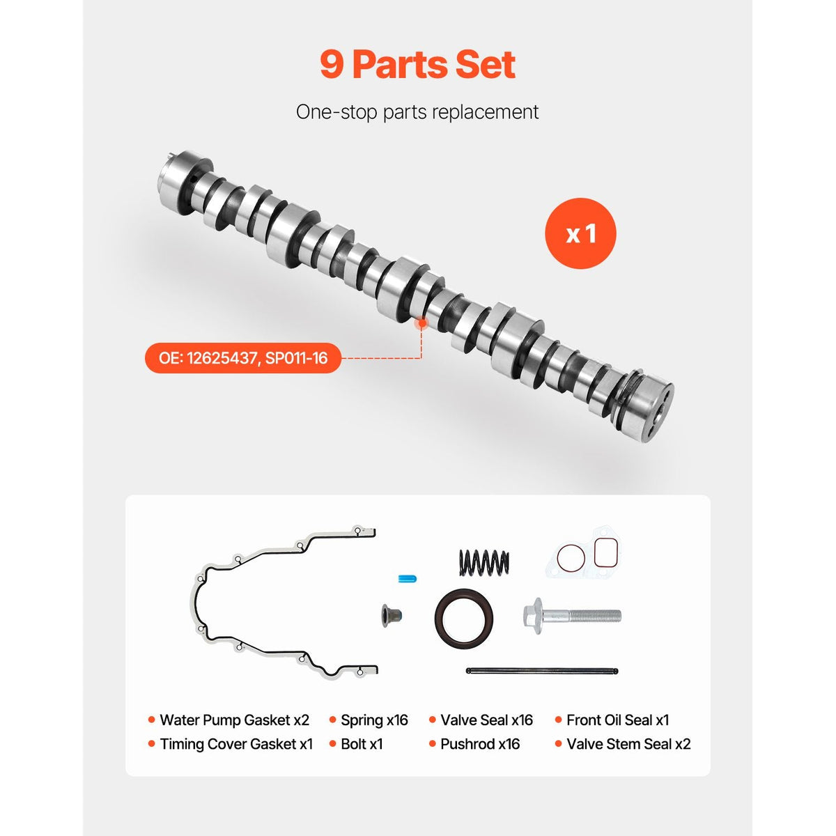 LS Truck Cam Kit, 9-Piece Set, Includes Timing Gasket, Pushrods Springs & Seals, Compatible with 1999-2013 GM Gen3/4 Norris Trucks, Fits 4.8L, 5.3L, 6.0L, 6.2L LS Engines, OE 12625437 SP011-16