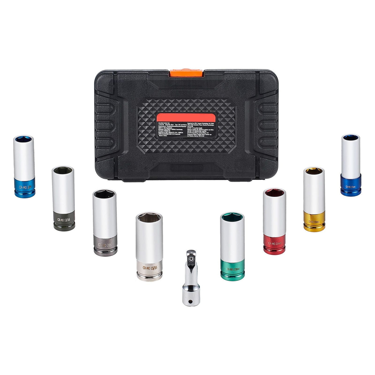 Lug Nut Impact Socket Set, 1/2 inch Drive Metric and SAE 6-Point Deep Socket Set, 8 Total Lug Nut Sizes, CR-MO Steel Wheel Socket Set with Storage Case and Extension Bar, for Auto Repair