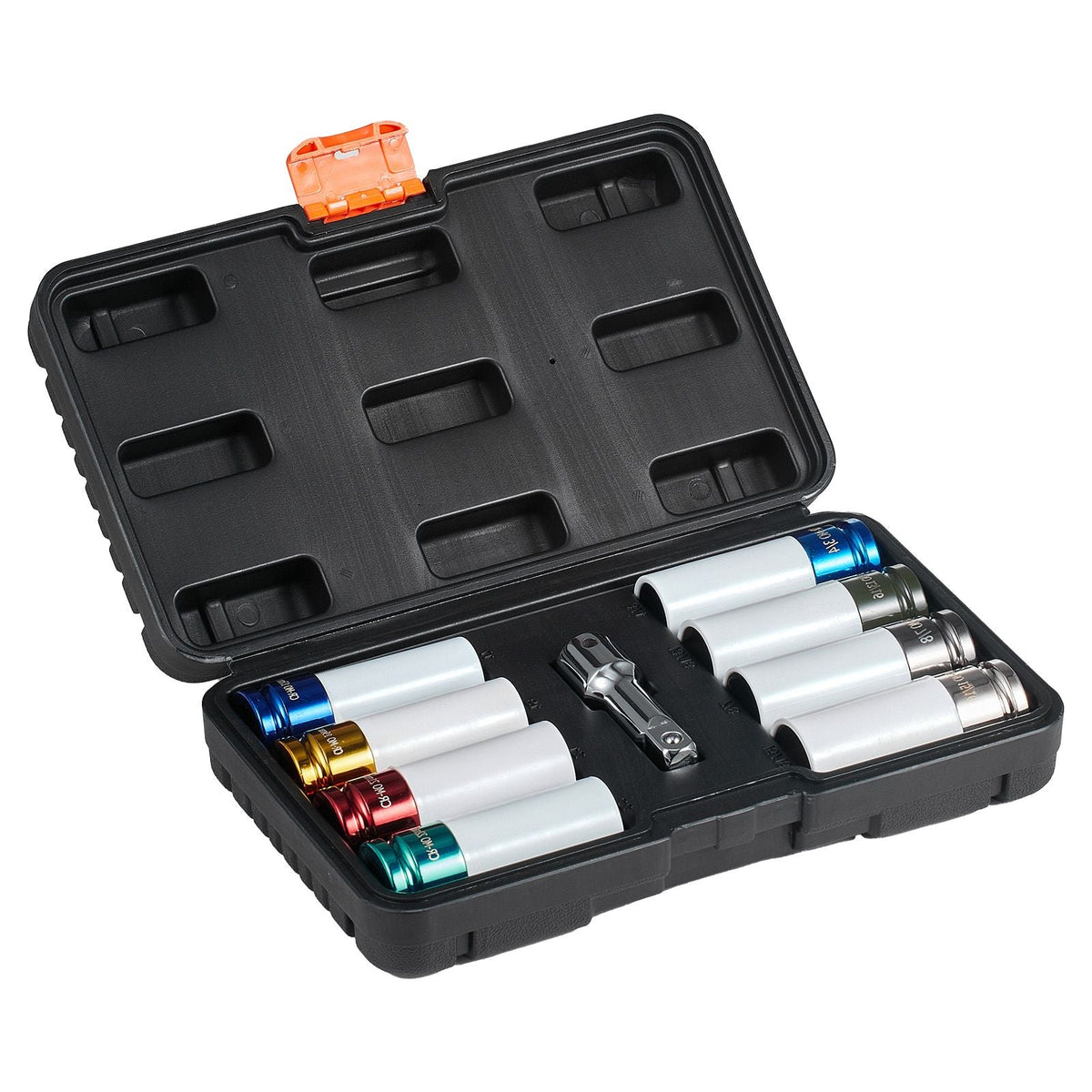 Lug Nut Impact Socket Set, 1/2 inch Drive Metric and SAE 6-Point Deep Socket Set, 8 Total Lug Nut Sizes, CR-MO Steel Wheel Socket Set with Storage Case and Extension Bar, for Auto Repair