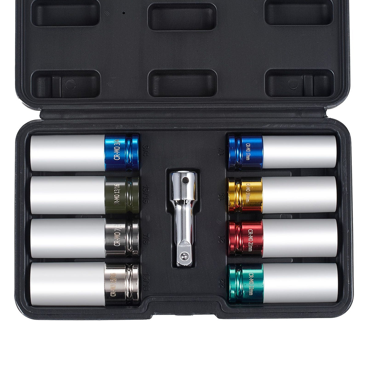 Lug Nut Impact Socket Set, 1/2 inch Drive Metric and SAE 6-Point Deep Socket Set, 8 Total Lug Nut Sizes, CR-MO Steel Wheel Socket Set with Storage Case and Extension Bar, for Auto Repair