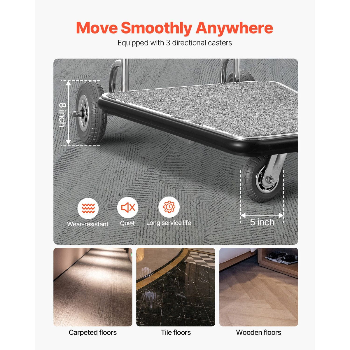 Luggage Cart, 600 LBS Load Capacity, 3 Wheel Stainless Steel Bellman Cart, Valet Cart with Grey Carpeted Deck and Rubber Wheels, Ideal for Convention Centers, Hotels, Rental Properties, Silver