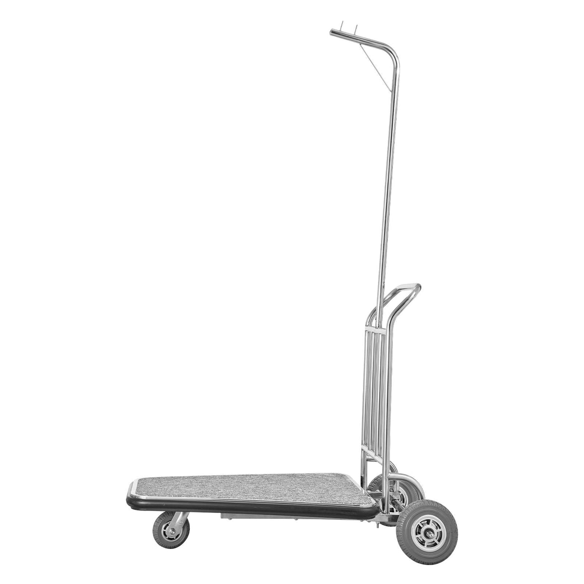Luggage Cart, 600 LBS Load Capacity, 3 Wheel Stainless Steel Bellman Cart, Valet Cart with Grey Carpeted Deck and Rubber Wheels, Ideal for Convention Centers, Hotels, Rental Properties, Silver