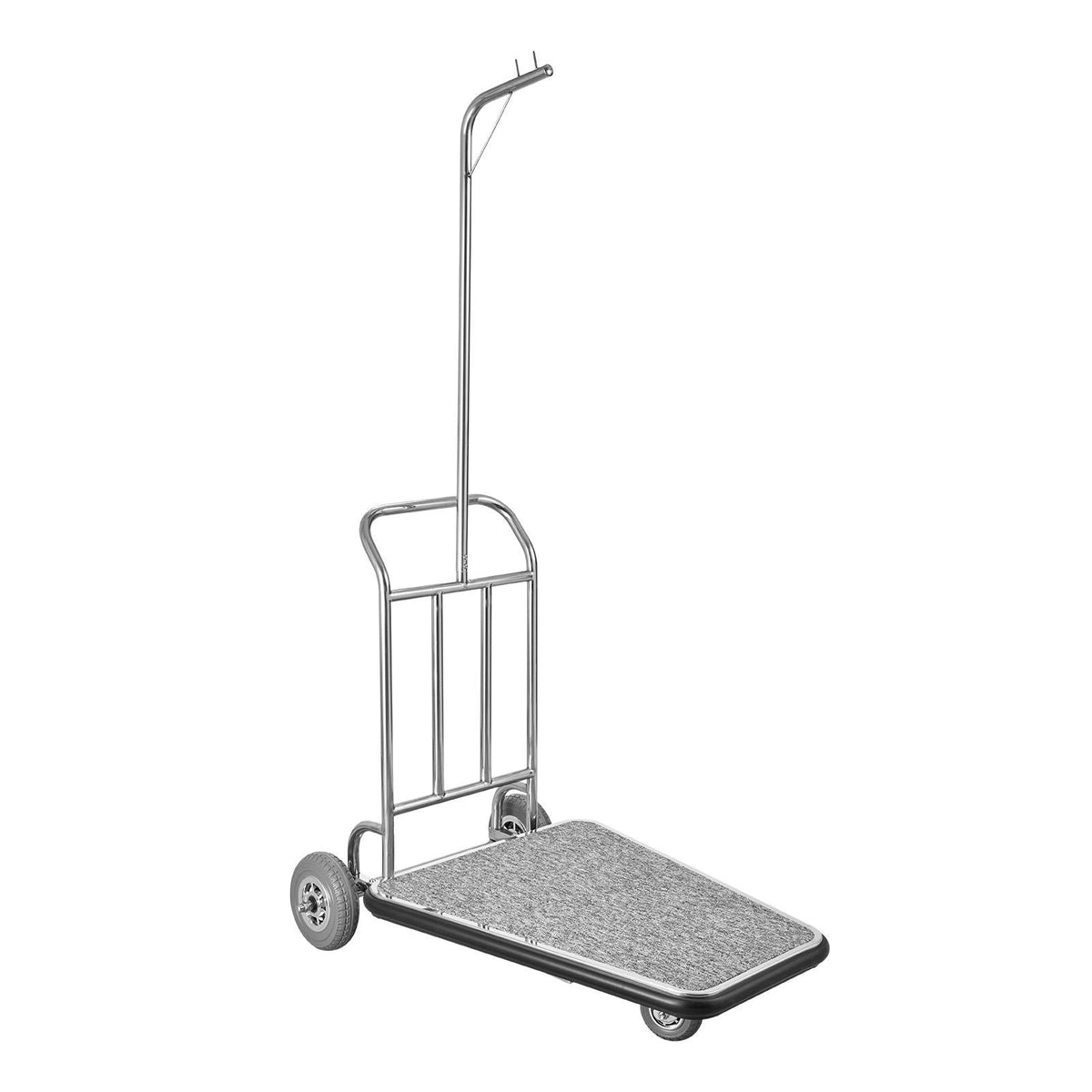 Luggage Cart, 600 LBS Load Capacity, 3 Wheel Stainless Steel Bellman Cart, Valet Cart with Grey Carpeted Deck and Rubber Wheels, Ideal for Convention Centers, Hotels, Rental Properties, Silver