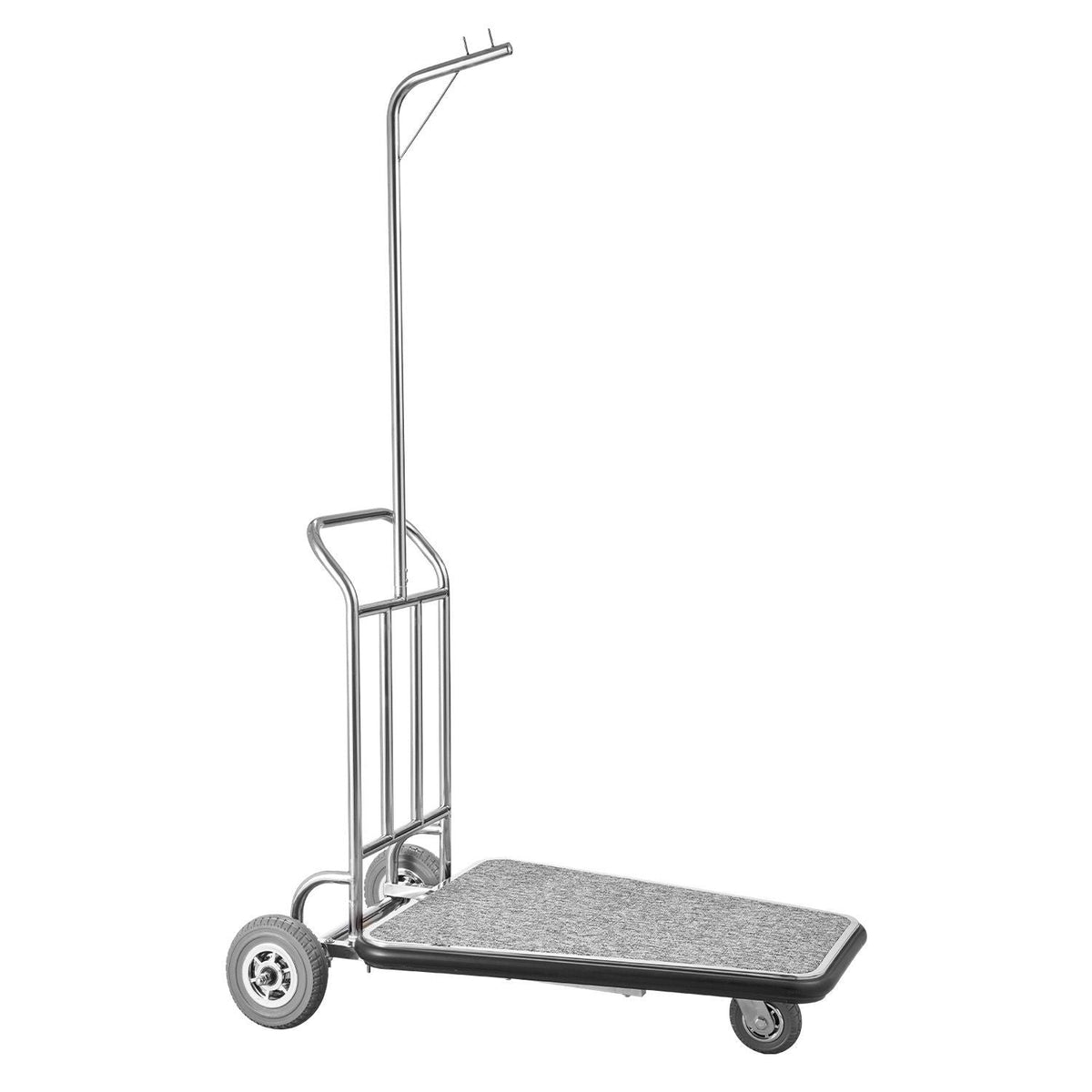 Luggage Cart, 600 LBS Load Capacity, 3 Wheel Stainless Steel Bellman Cart, Valet Cart with Grey Carpeted Deck and Rubber Wheels, Ideal for Convention Centers, Hotels, Rental Properties, Silver
